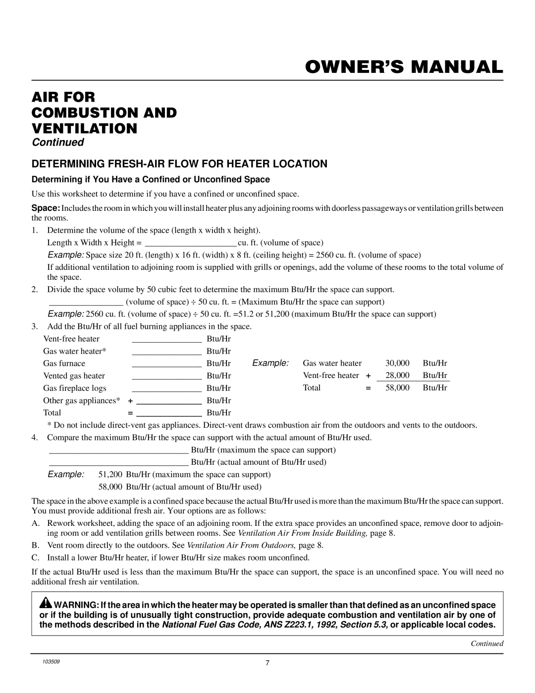 Desa Tech RFP28TC installation manual AIR for Combustion Ventilation, Determining FRESH-AIR Flow for Heater Location 