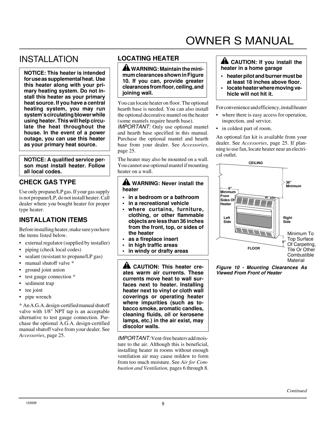 Desa Tech RFP28TC installation manual Locating Heater, Check GAS Type, Installation Items 