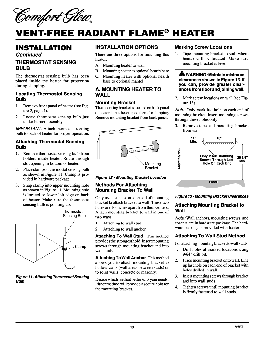 Desa Tech RFP28TC Thermostat Sensing Bulb, Installation Options, A. Mounting Heater To Wall, Mounting Bracket, Continued 