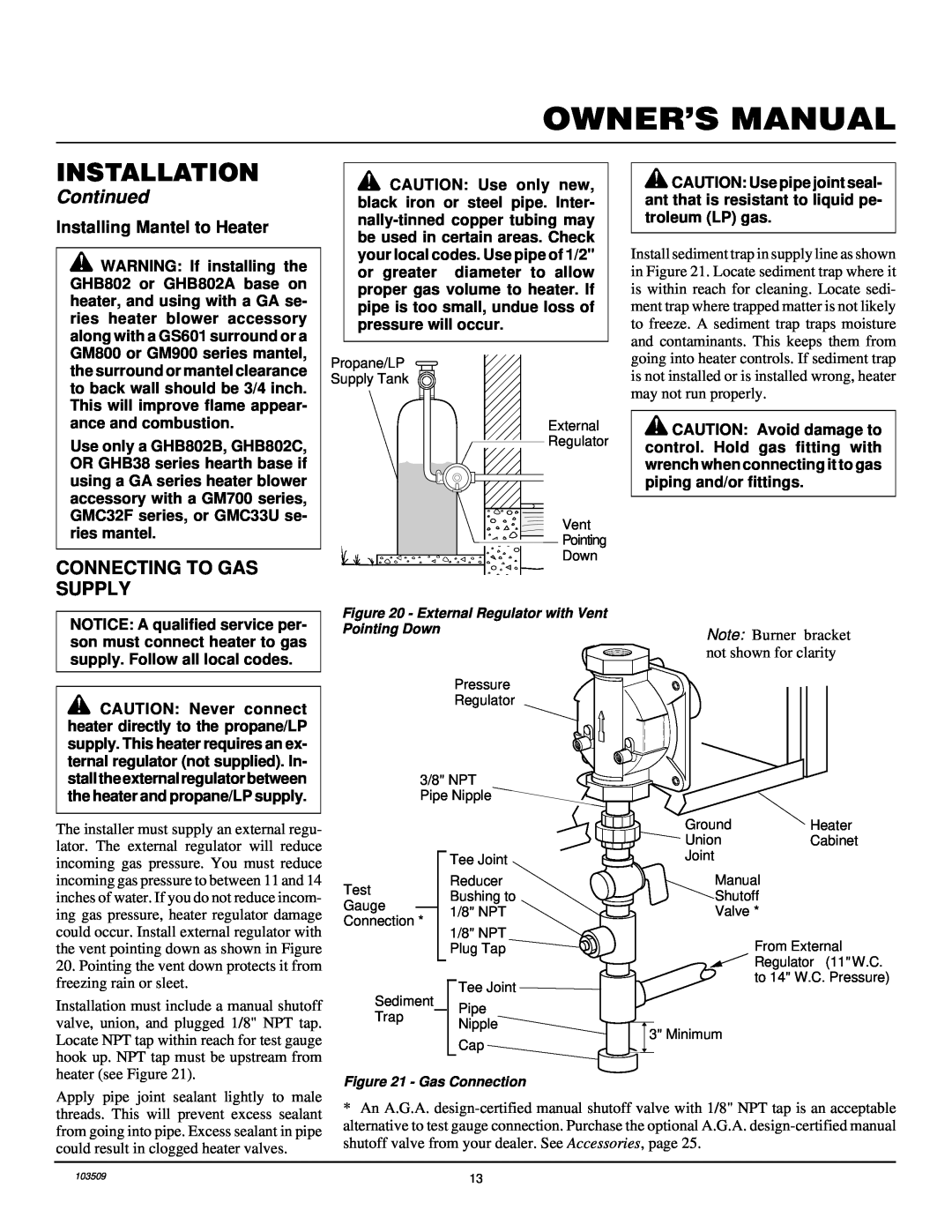 Desa Tech RFP28TC installation manual Connecting To Gas Supply, Installing Mantel to Heater, Installation, Continued 