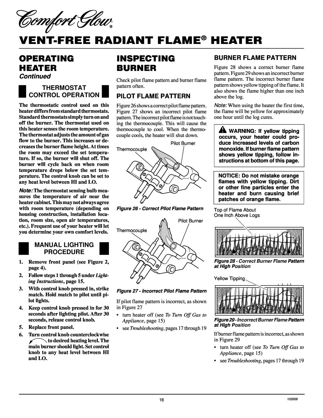 Desa Tech RFP28TC Inspecting Burner, Thermostat Control Operation, Manual Lighting Procedure, Pilot Flame Pattern 
