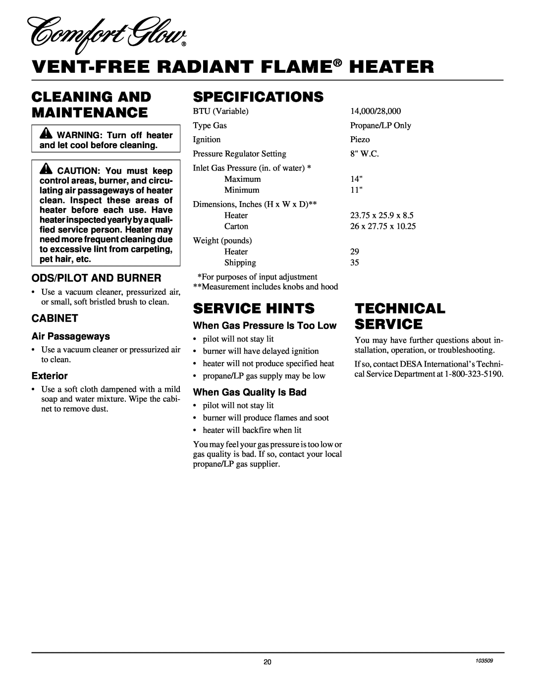 Desa Tech RFP28TC Cleaning And Maintenance, Specifications, Service Hints, Technical Service, Ods/Pilot And Burner 