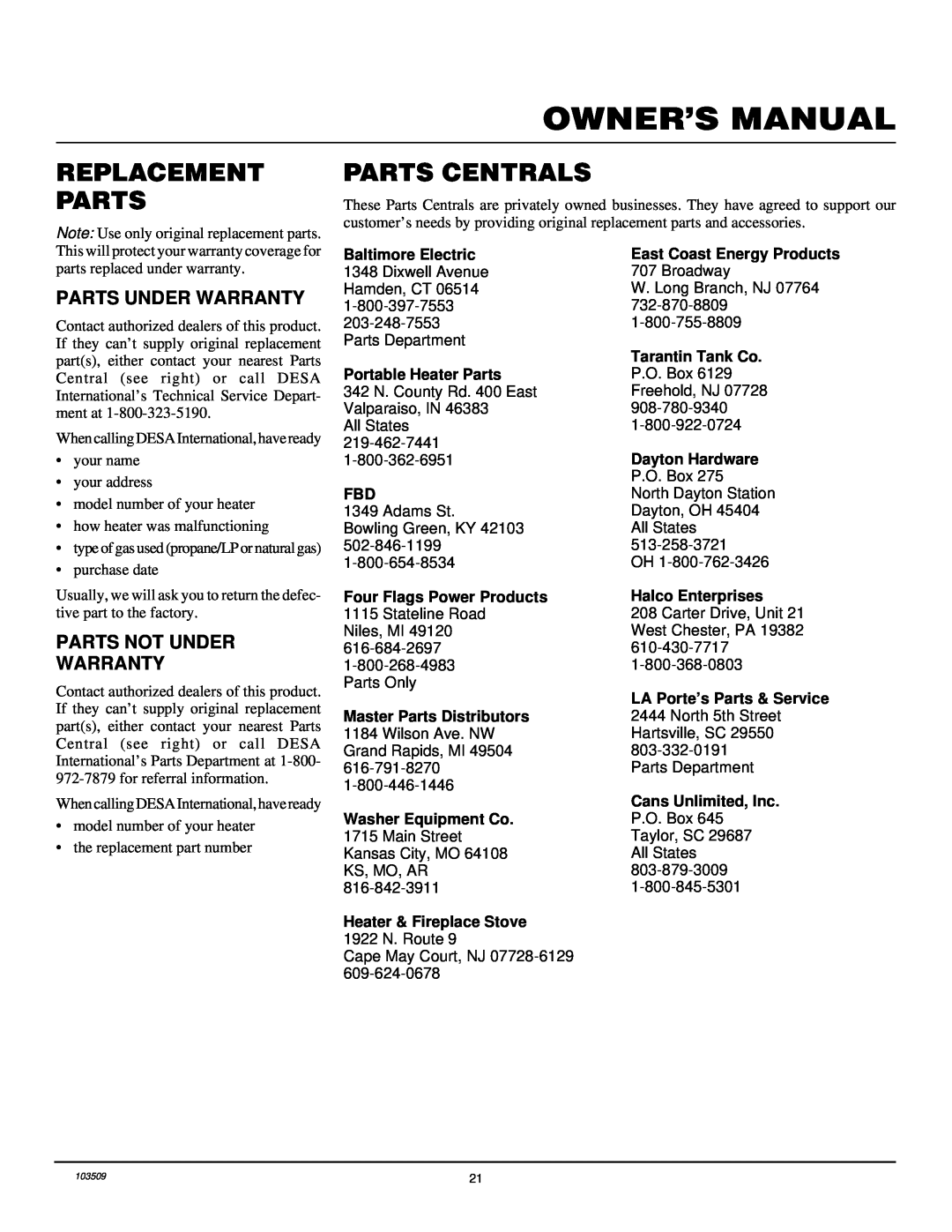 Desa Tech RFP28TC installation manual Replacement Parts, Parts Centrals, Parts Under Warranty, Parts Not Under Warranty 