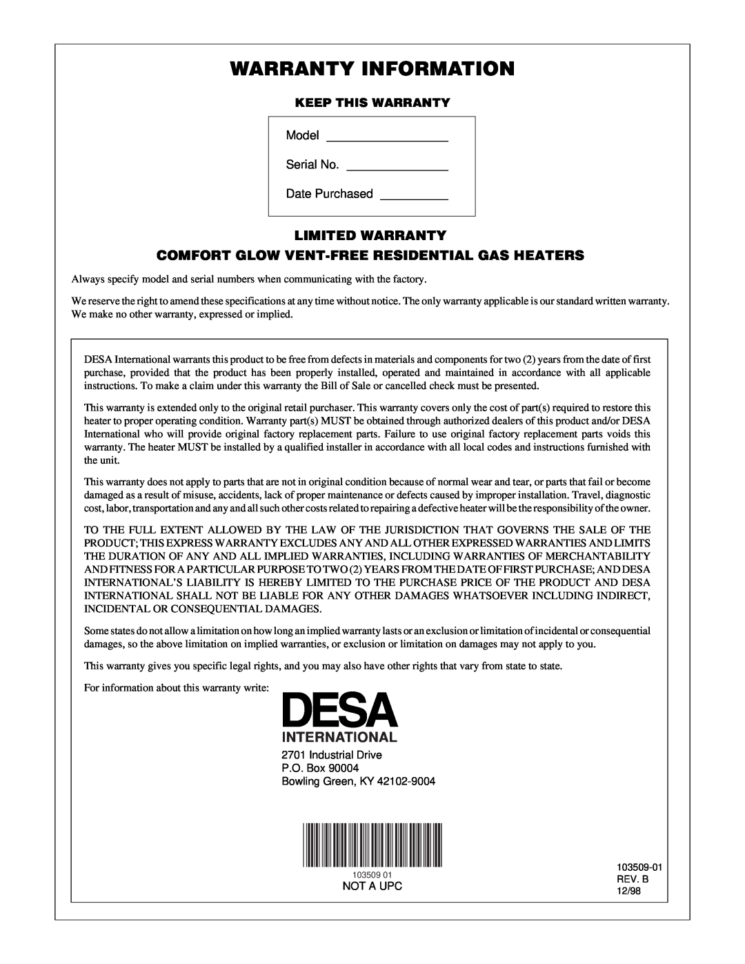 Desa Tech RFP28TC Warranty Information, Limited Warranty, Comfort Glow Vent-Freeresidential Gas Heaters, International 