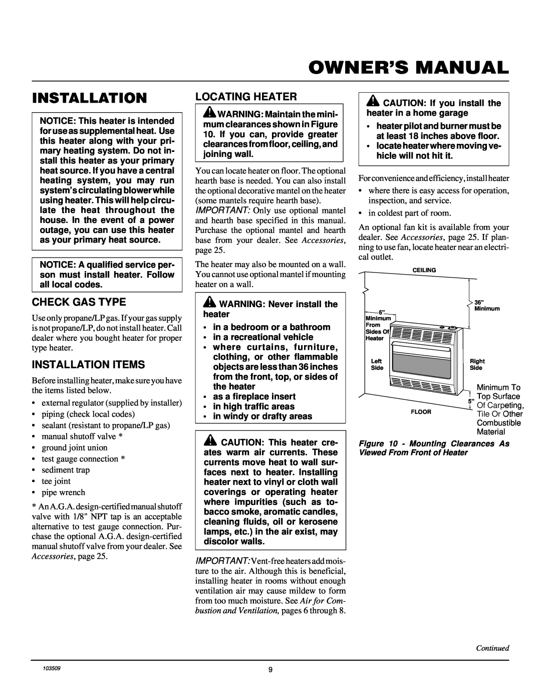 Desa Tech RFP28TC installation manual Locating Heater, Check Gas Type, Installation Items 