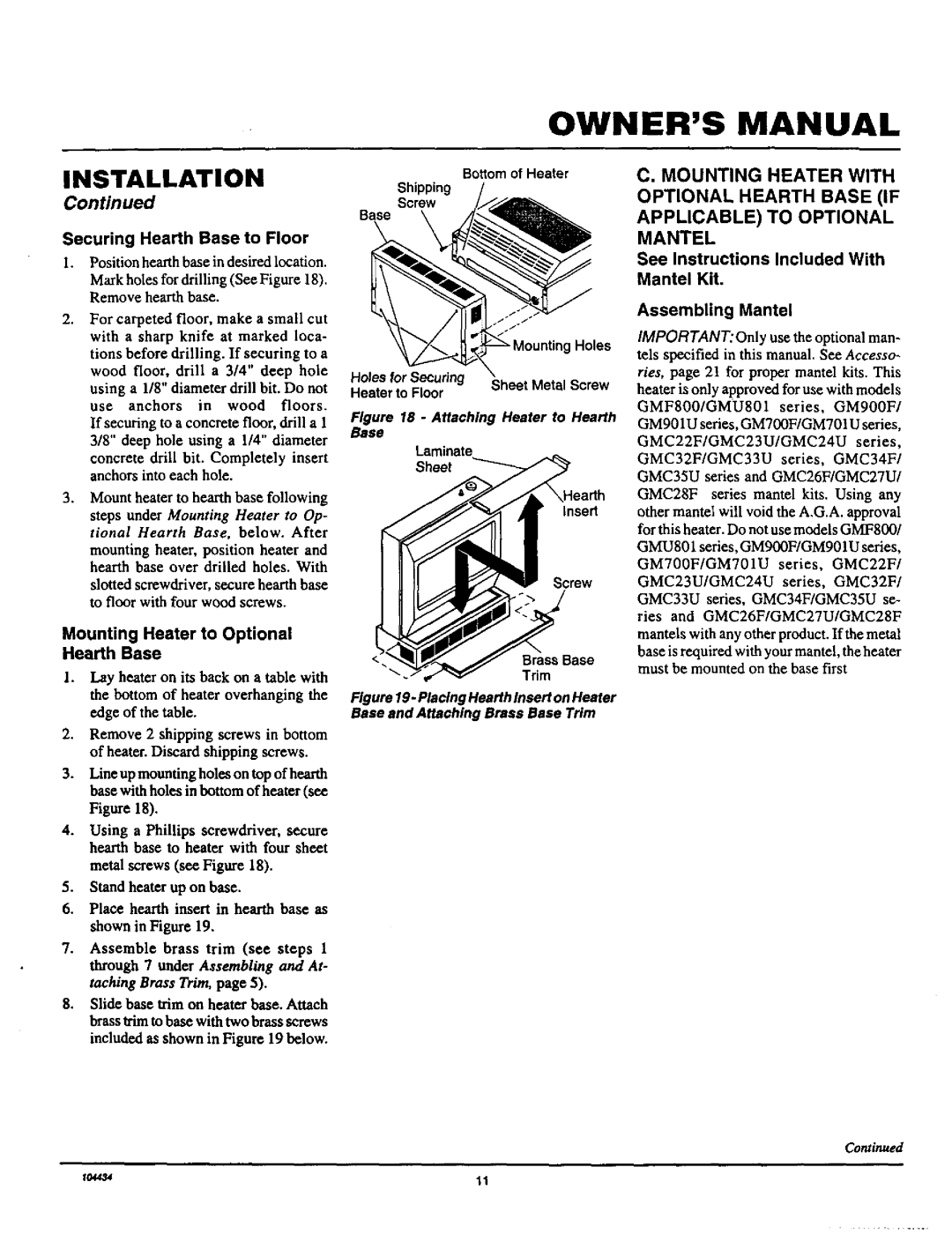 Desa Tech RFP30T Owners Manual, Mounting Heater with, Optional Hearth Base if, Applicable To Optional Mantel 