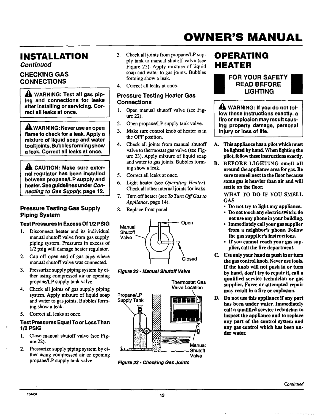 Desa Tech RFP30T installation manual Operating Heater, Checking GAS Connections, Pressure Testing Heater Gas Connections 