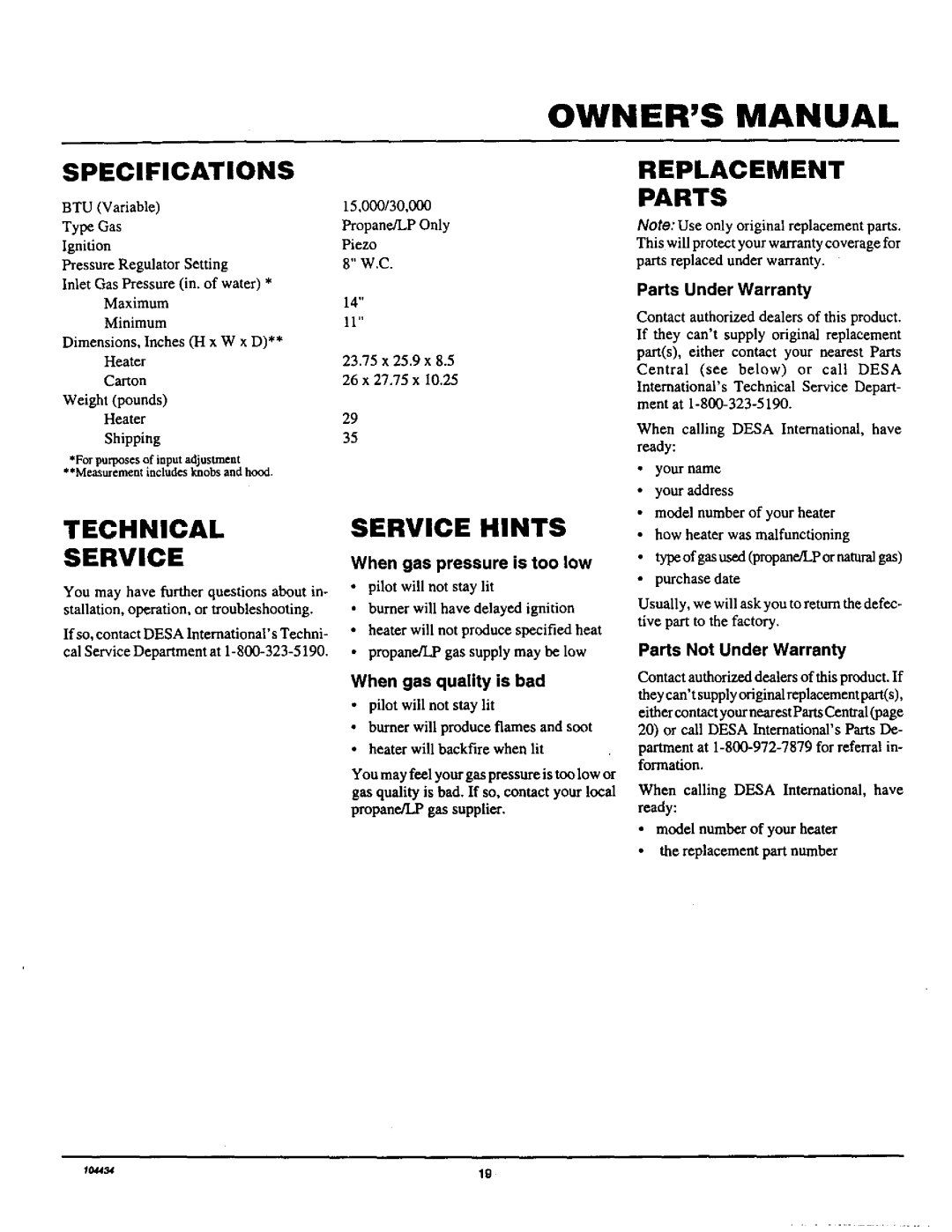 Desa Tech RFP30T installation manual Specifications, Technical Service, Service Hints, Replacement Parts 