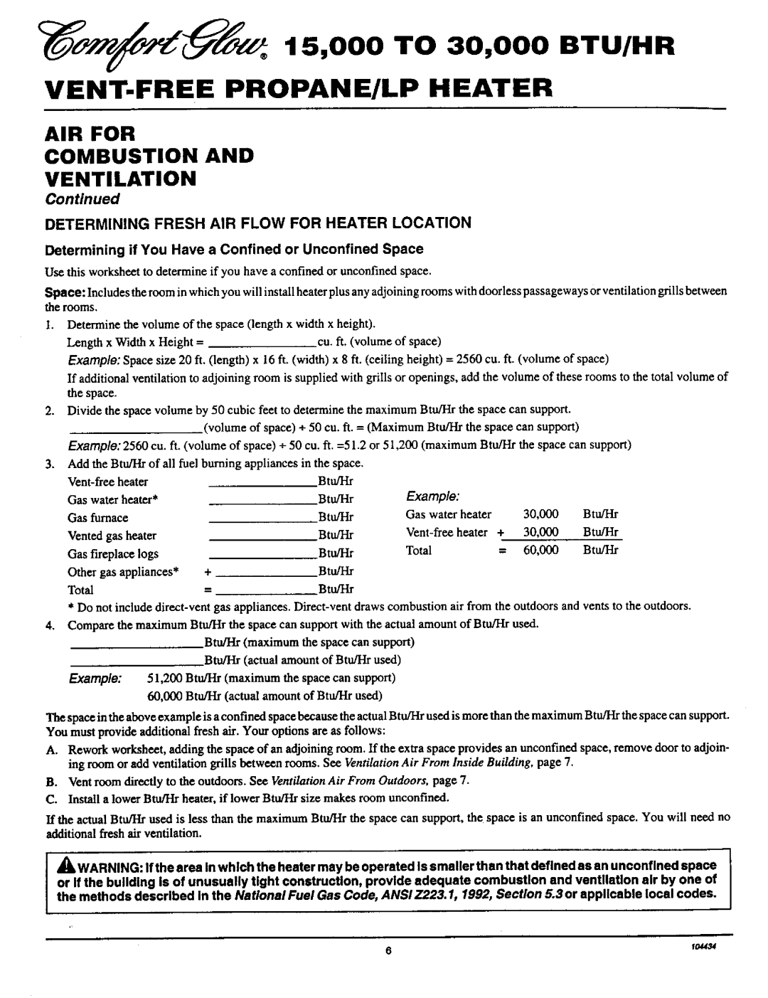 Desa Tech RFP30T AIR for Combustion Ventilation, Determining Fresh AIR Flow for Heater Location, Tu/I-Ir, Total 