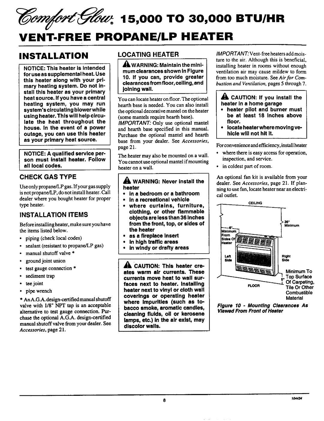 Desa Tech RFP30T installation manual Btu/Hr, Locating Heater, Installation Items, Check GAS Type 