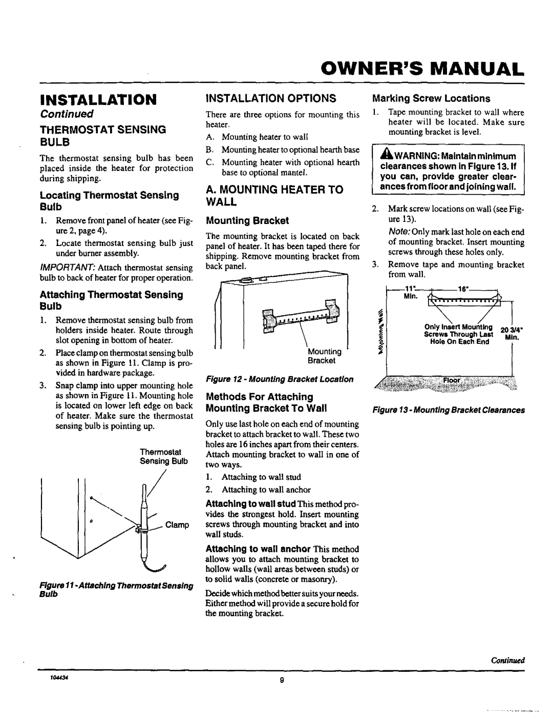 Desa Tech RFP30T installation manual Thermostat Sensing Bulb, Installation Options, Mounting Heater to Wall 