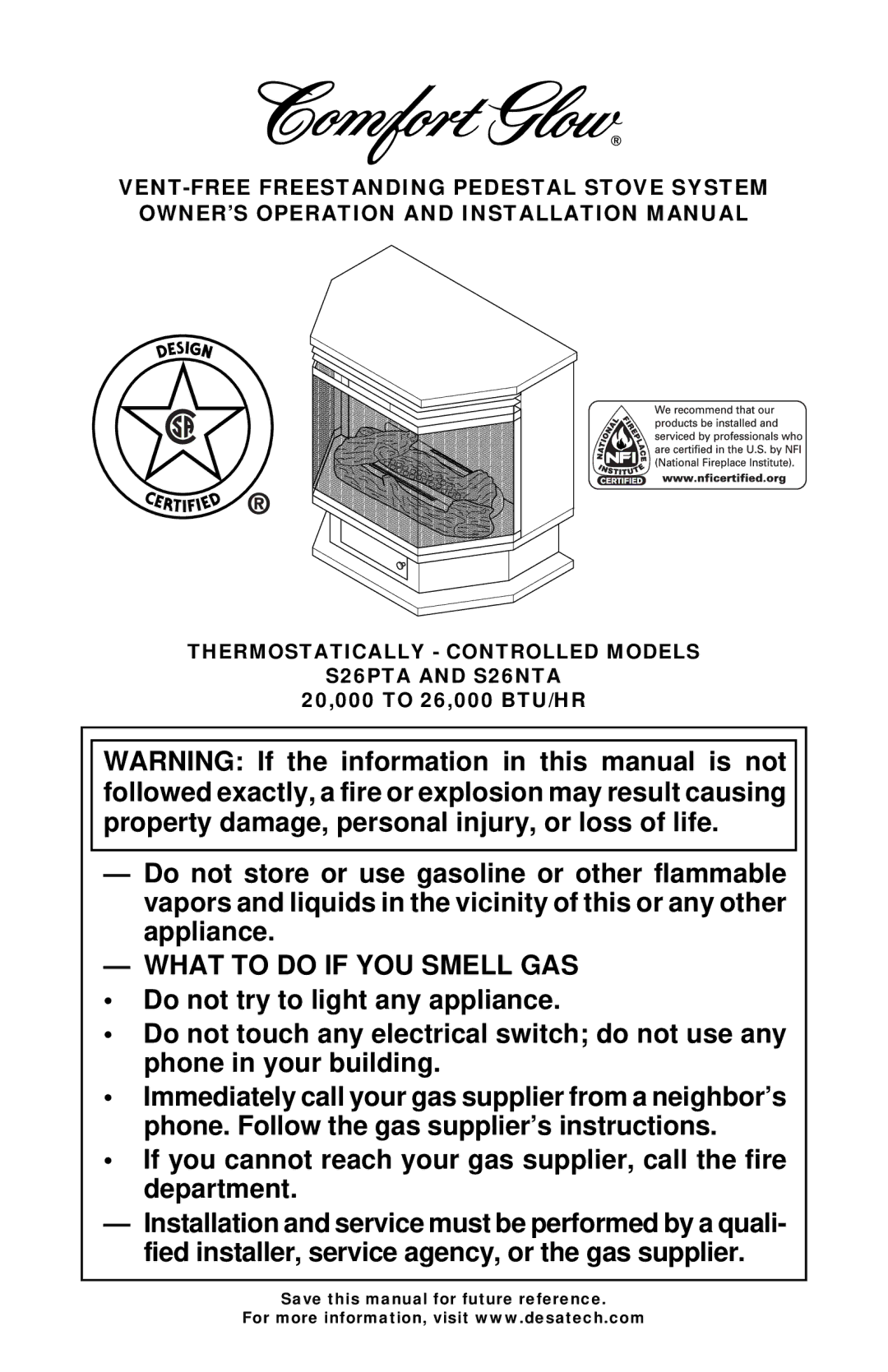 Desa Tech installation manual What to do if YOU Smell GAS, Thermostatically Controlled Models S26PTA and S26NTA 