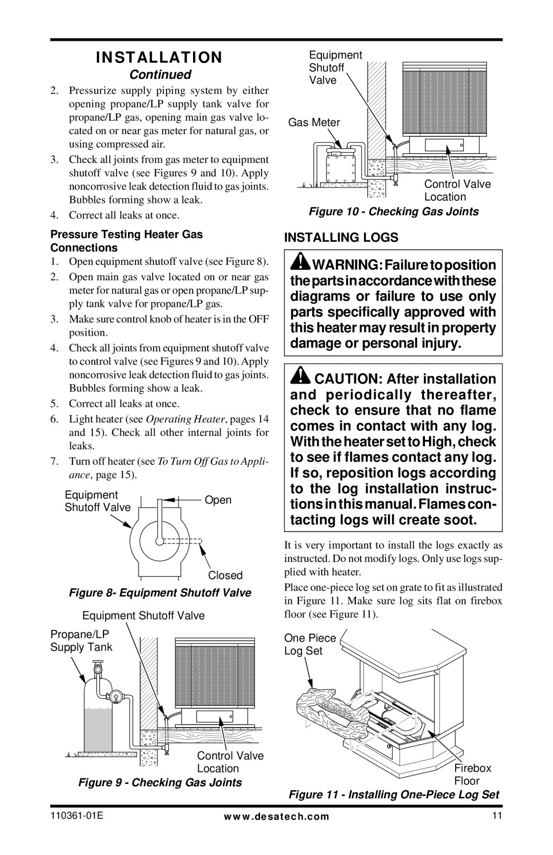 Desa Tech S26PTA, S26NTA installation manual Installing Logs, Pressure Testing Heater Gas Connections 