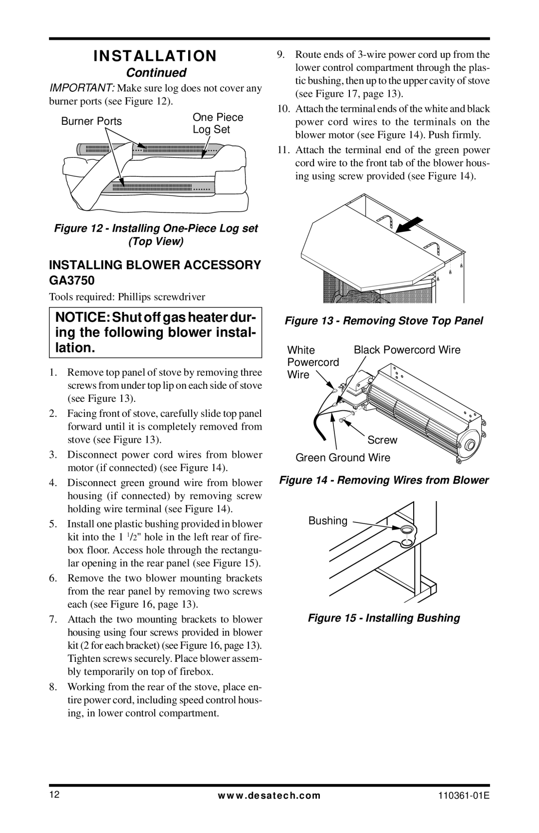 Desa Tech S26NTA, S26PTA installation manual Installing Blower Accessory GA3750, Installing One-Piece Log set Top View 