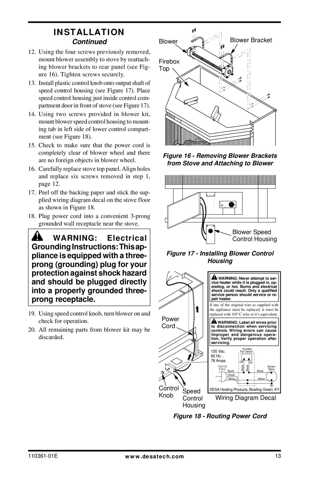 Desa Tech S26PTA, S26NTA installation manual Installing Blower Control Housing 