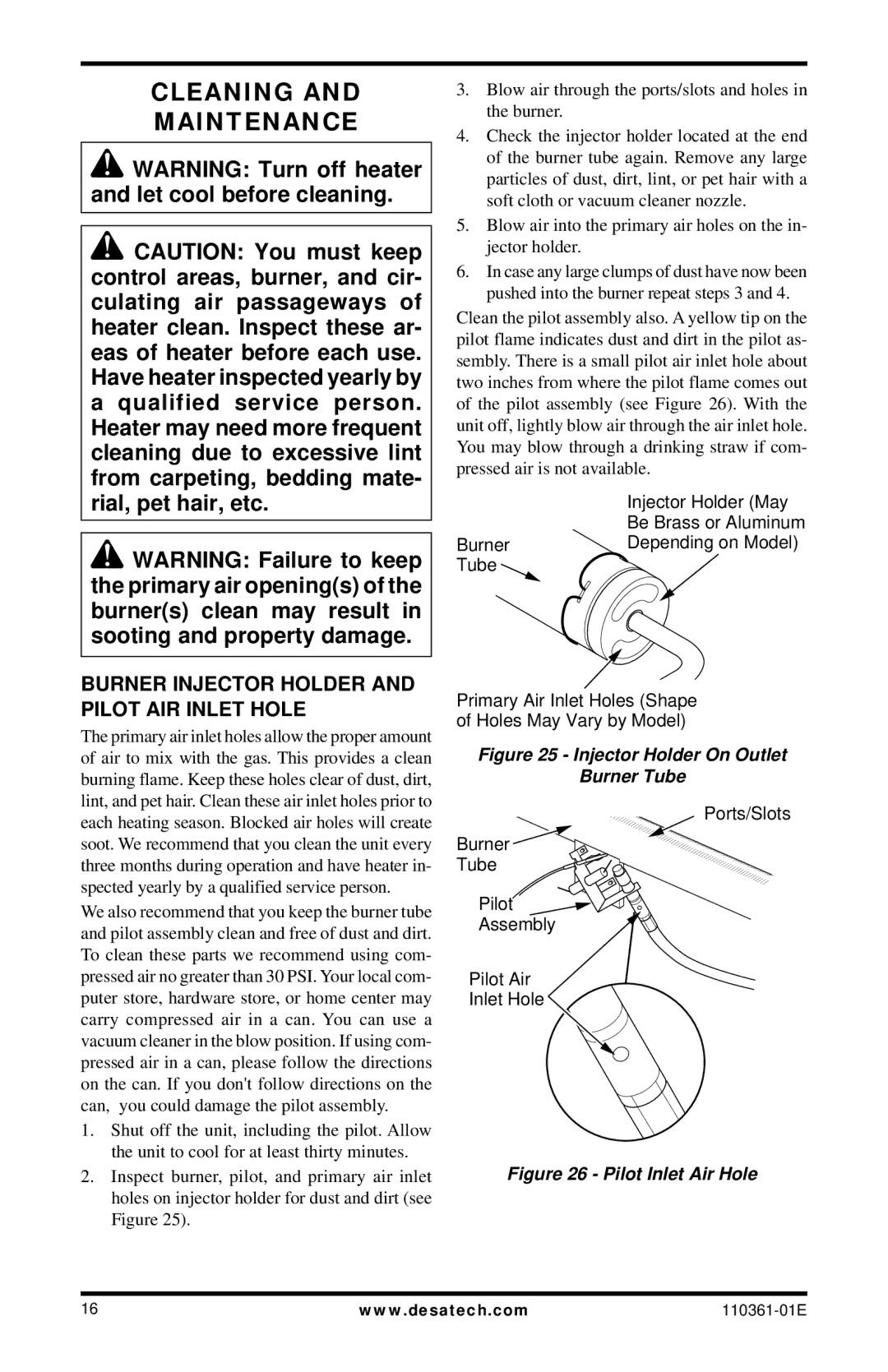 Desa Tech S26NTA, S26PTA installation manual Cleaning Maintenance, Burner Injector Holder and Pilot AIR Inlet Hole 