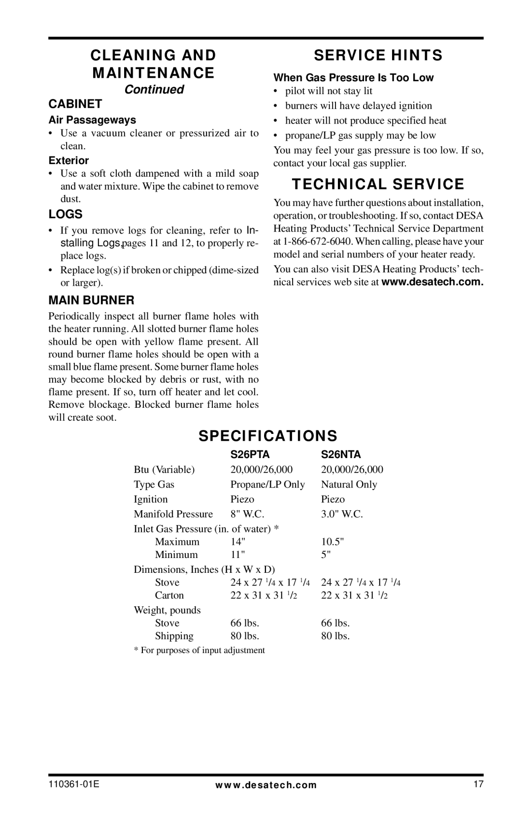 Desa Tech S26PTA, S26NTA installation manual Service Hints, Technical Service, Specifications 