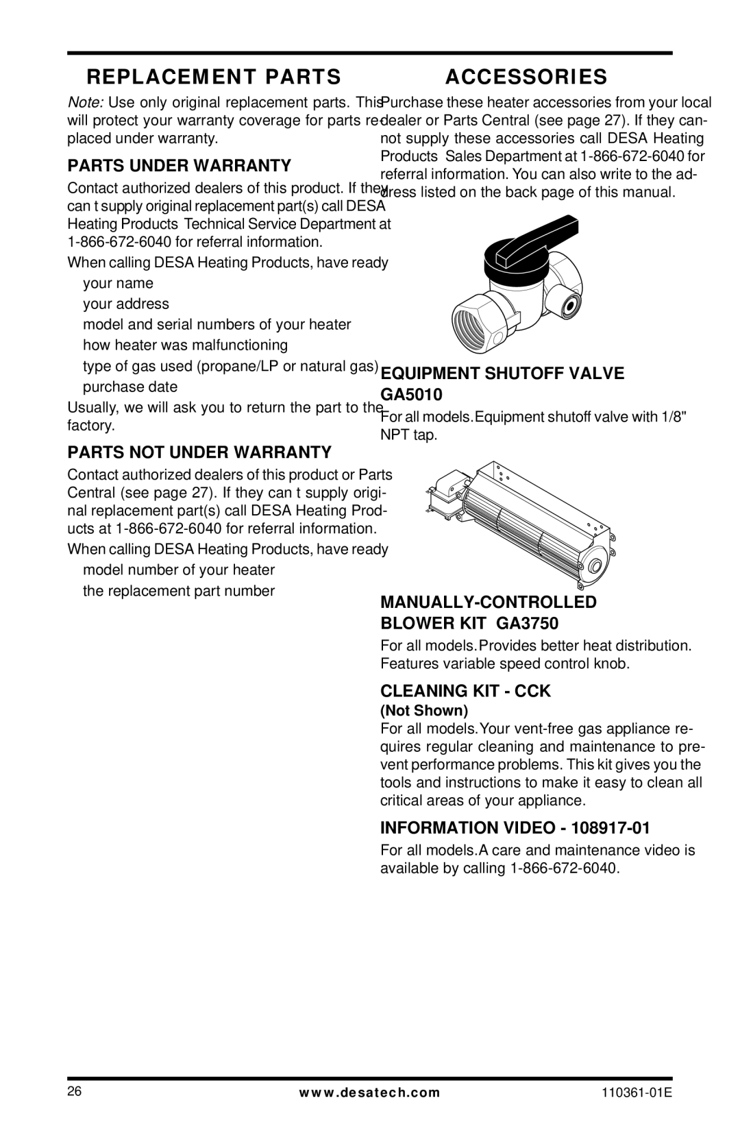 Desa Tech S26NTA, S26PTA installation manual Replacement Parts, Accessories 