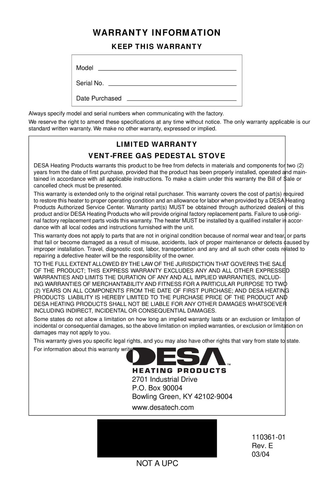 Desa Tech S26NTA, S26PTA Warranty Information, Keep this Warranty, Limited Warranty VENT-FREE GAS Pedestal Stove 