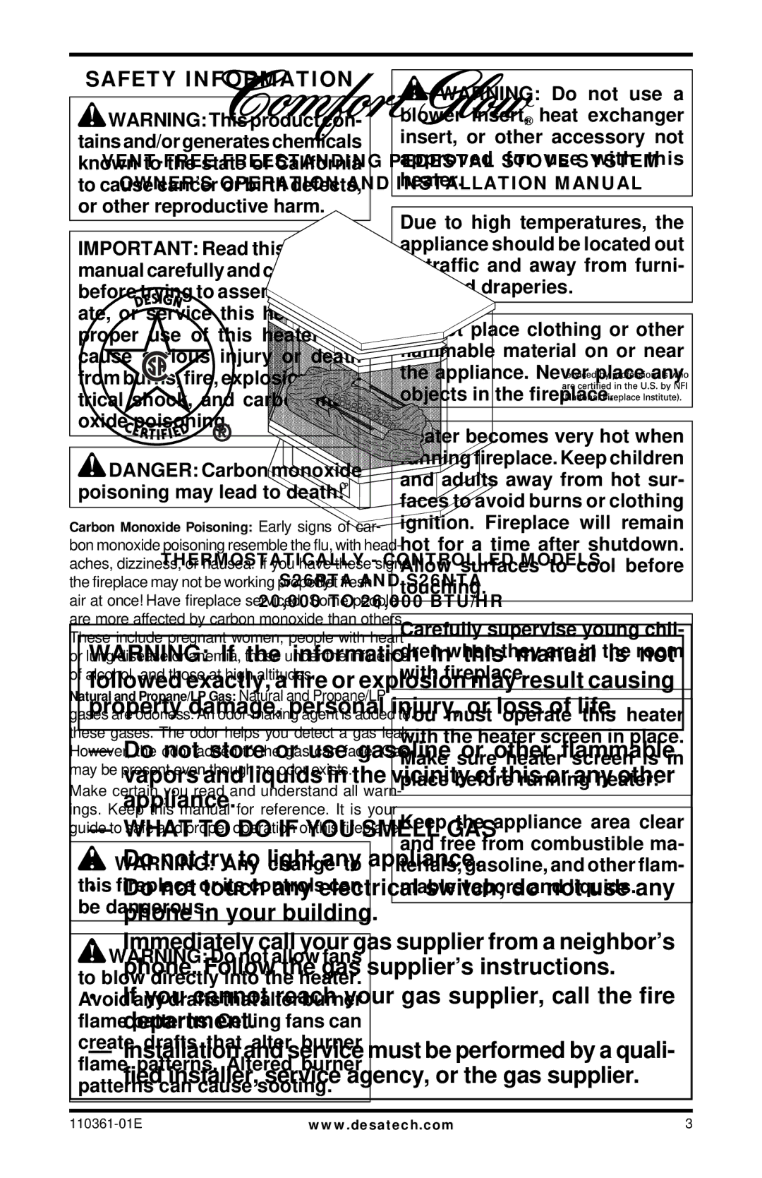 Desa Tech S26PTA, S26NTA installation manual Safety Information 