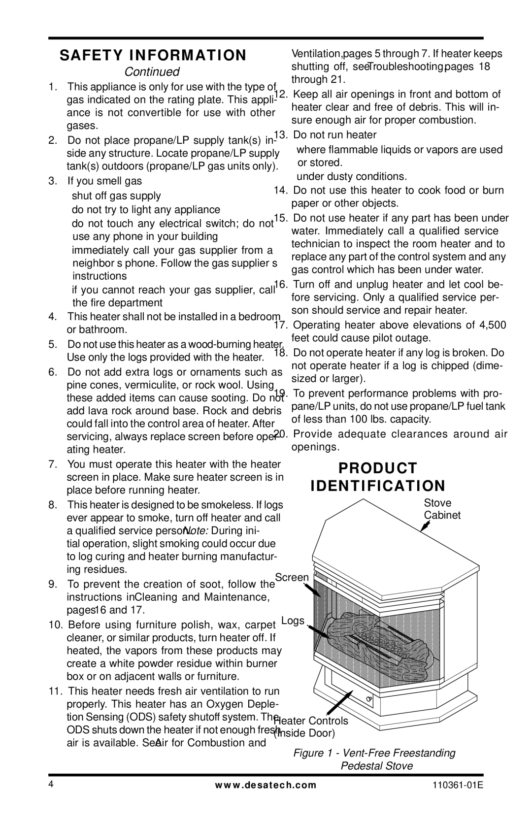 Desa Tech S26NTA, S26PTA installation manual Product Identification, Vent-Free Freestanding Pedestal Stove 