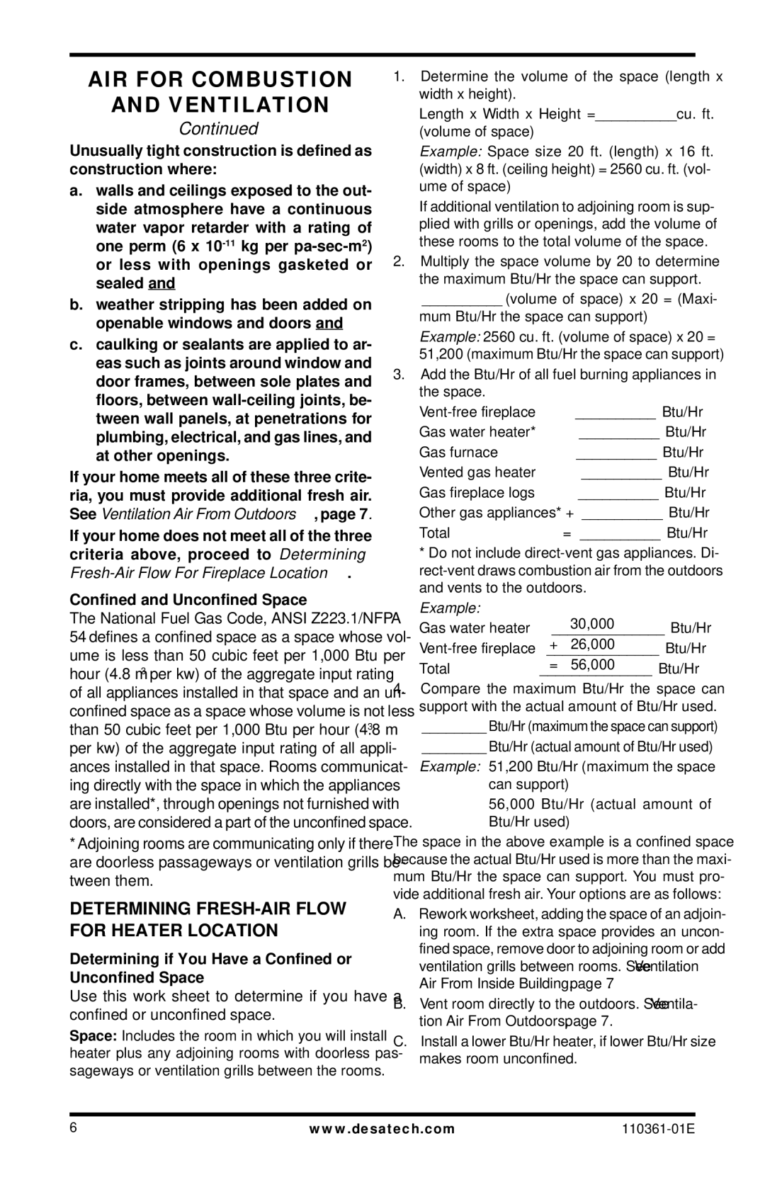 Desa Tech S26NTA, S26PTA installation manual Determining FRESH-AIR Flow for Heater Location, Confined and Unconfined Space 