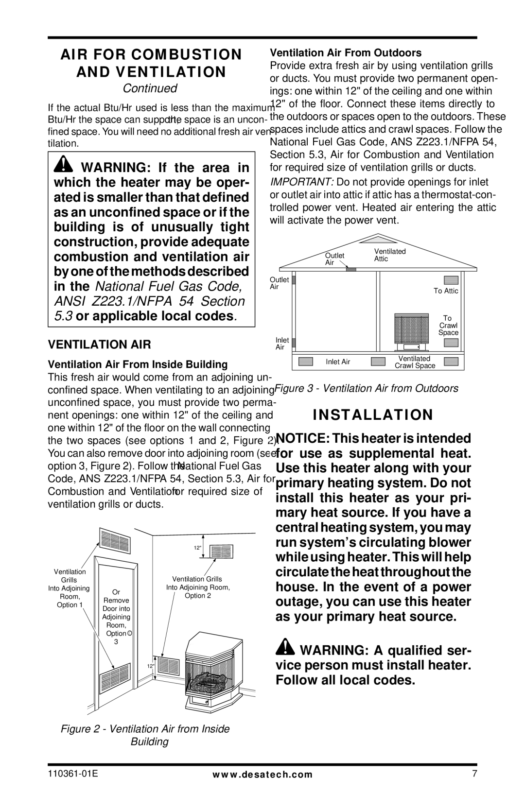 Desa Tech S26PTA Installation, Ventilation AIR, Ventilation Air From Inside Building, Ventilation Air From Outdoors 