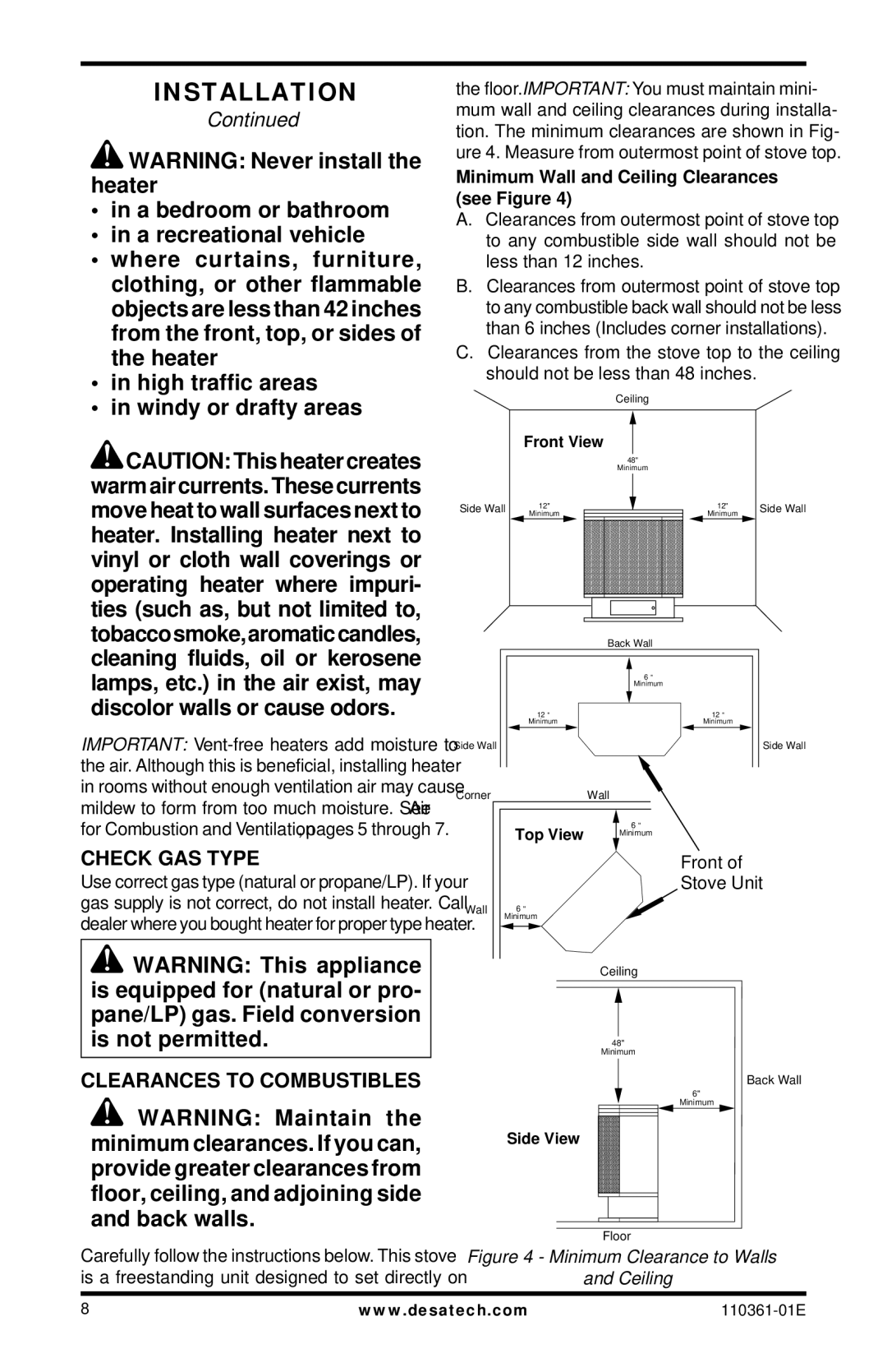 Desa Tech S26NTA, S26PTA Check GAS Type, Clearances to Combustibles, Minimum Wall and Ceiling Clearances see Figure 