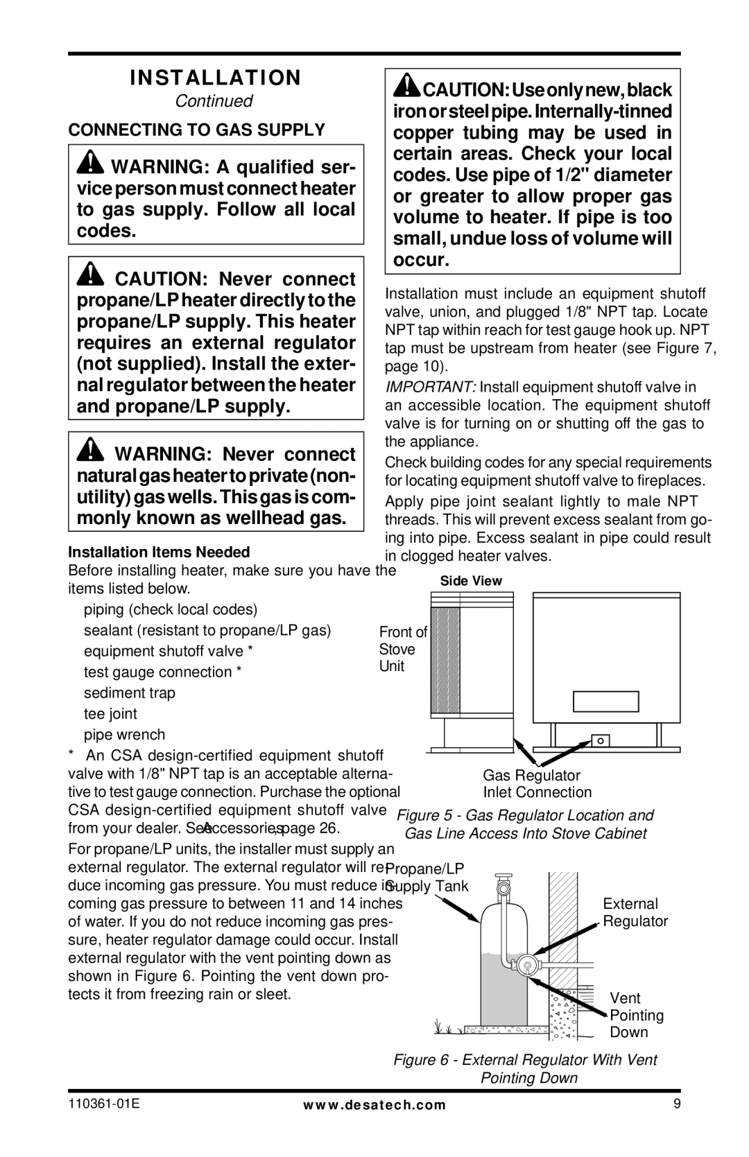 Desa Tech S26PTA, S26NTA installation manual Connecting to GAS Supply, Installation Items Needed 