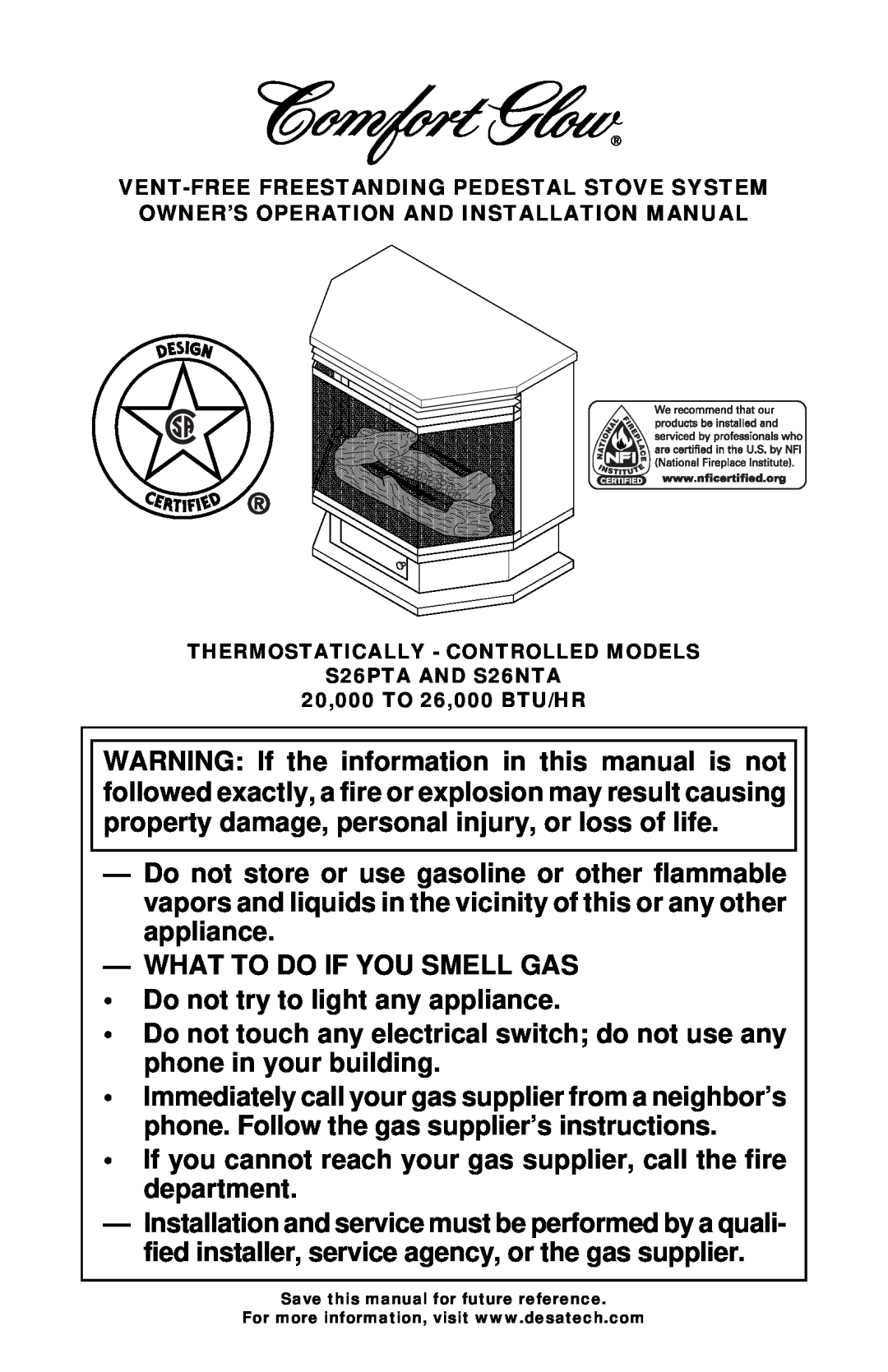 Desa Tech S26PTA, S26NTA installation manual What To Do If You Smell Gas 