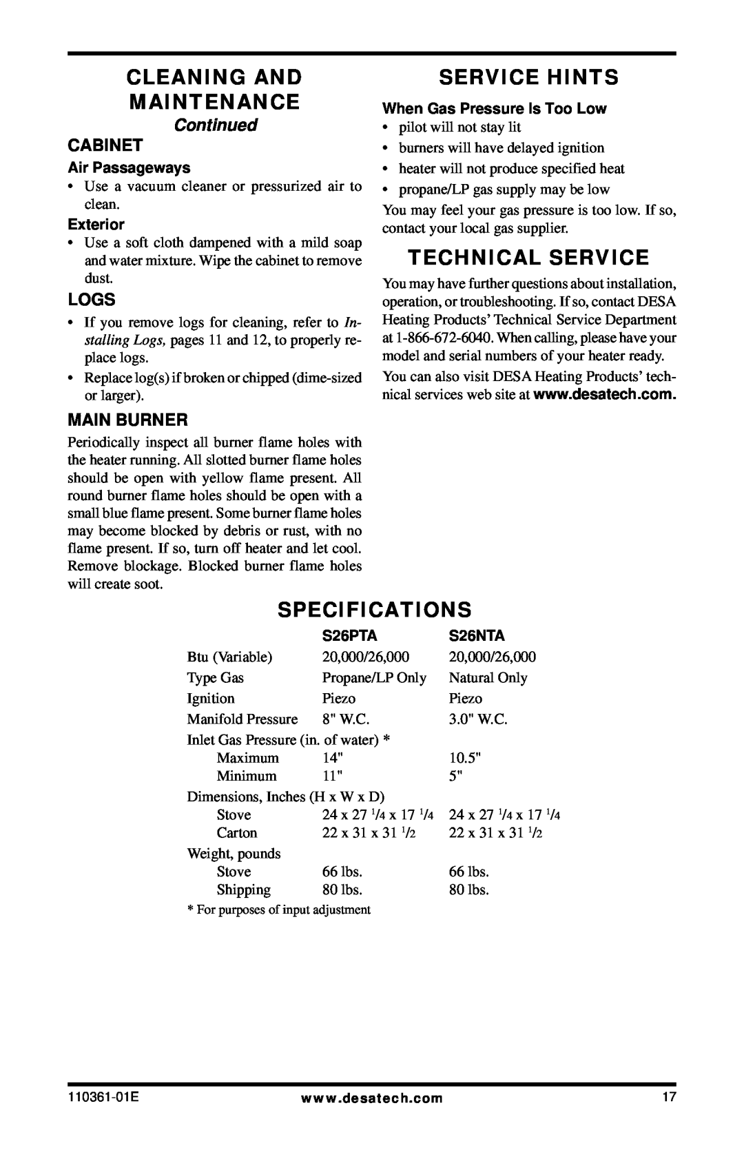 Desa Tech S26PTA Cleaning And Maintenance, Service Hints, Technical Service, Specifications, Continued, Cabinet, Logs 