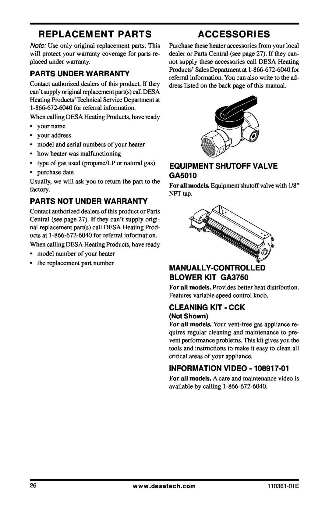 Desa Tech S26NTA Parts Under Warranty, Parts Not Under Warranty, EQUIPMENT SHUTOFF VALVE GA5010, Cleaning Kit - Cck 
