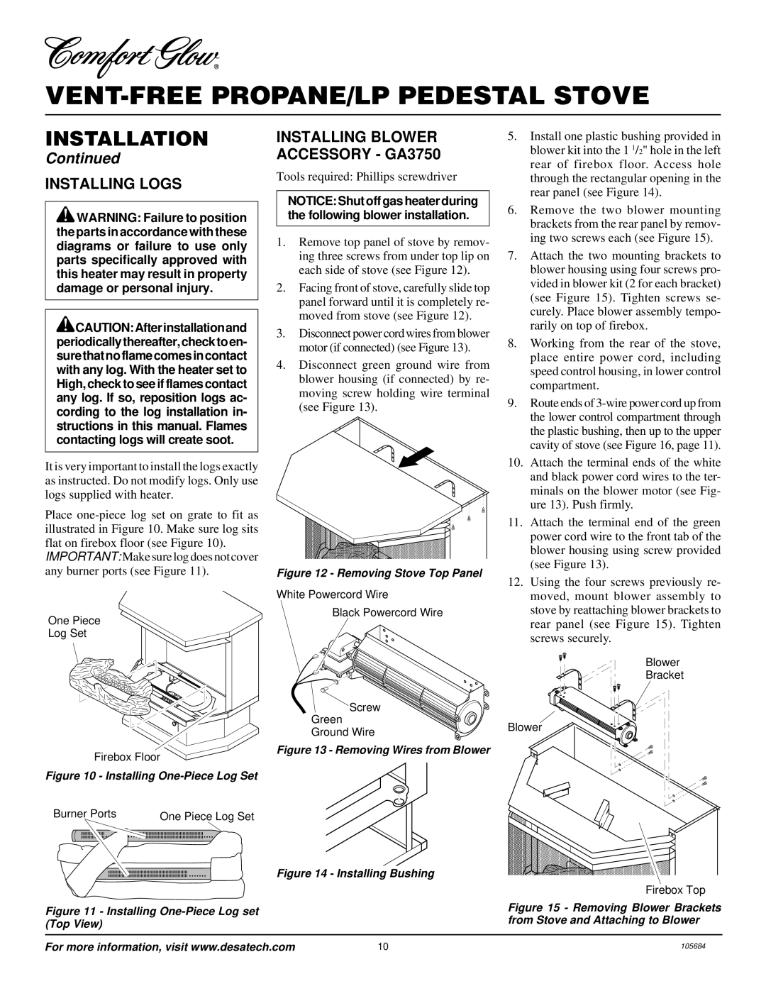 Desa Tech S26PT installation manual Installing Logs, Installing Blower Accessory GA3750 