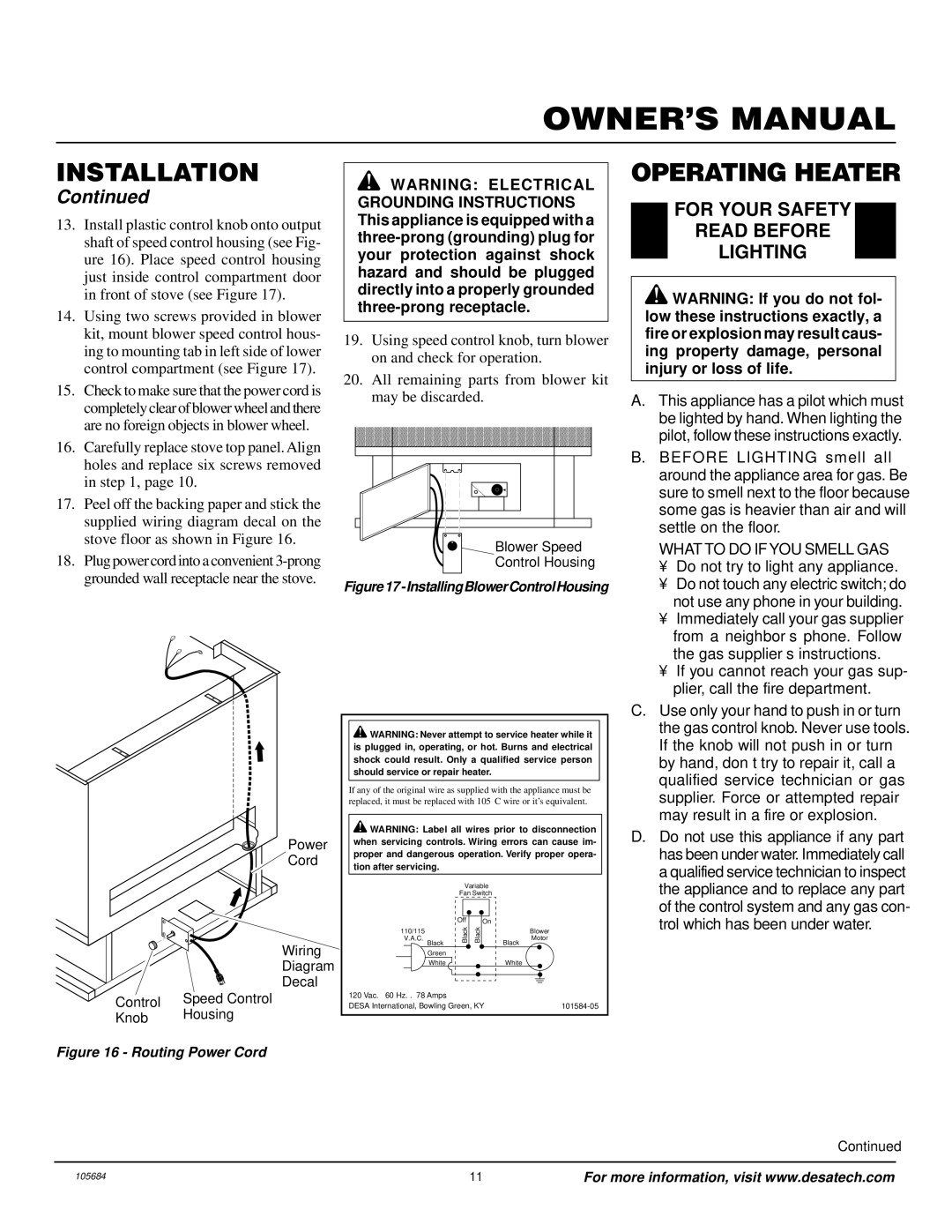 Desa Tech S26PT installation manual Operating Heater, For Your Safety Read Before Lighting 