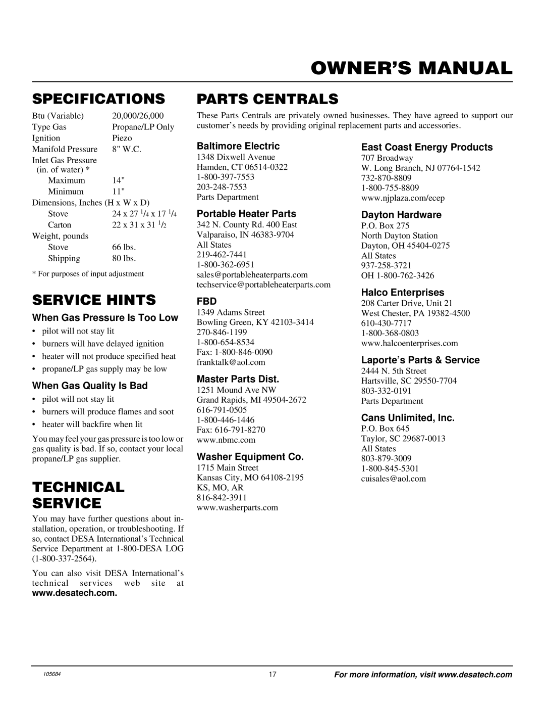 Desa Tech S26PT installation manual Specifications, Parts Centrals, Service Hints, Technical Service 