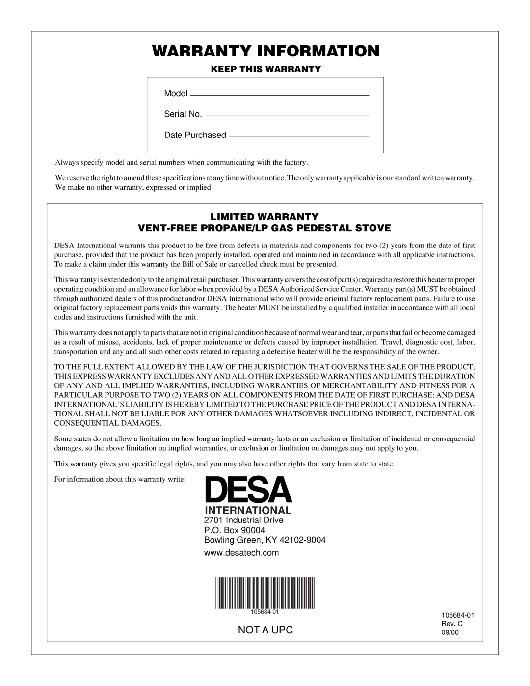 Desa Tech S26PT installation manual Warranty Information, International 