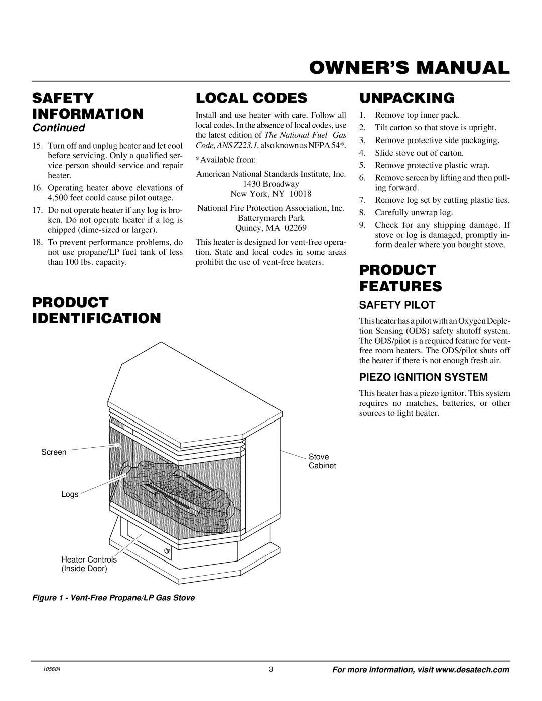 Desa Tech S26PT Local Codes, Unpacking, Product Features Identification, Safety Pilot, Piezo Ignition System 