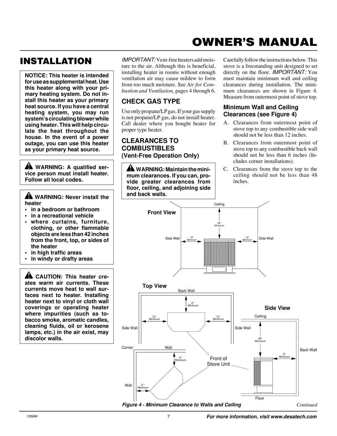 Desa Tech S26PT installation manual Installation, Check GAS Type, Clearances to Combustibles, Vent-Free Operation Only 