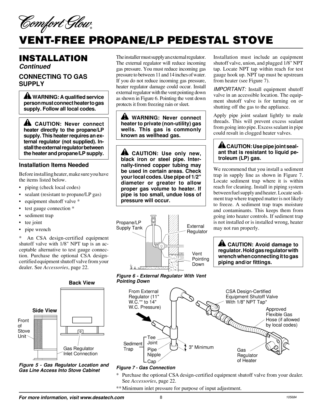 Desa Tech S26PT installation manual Connecting to GAS Supply, Installation Items Needed 