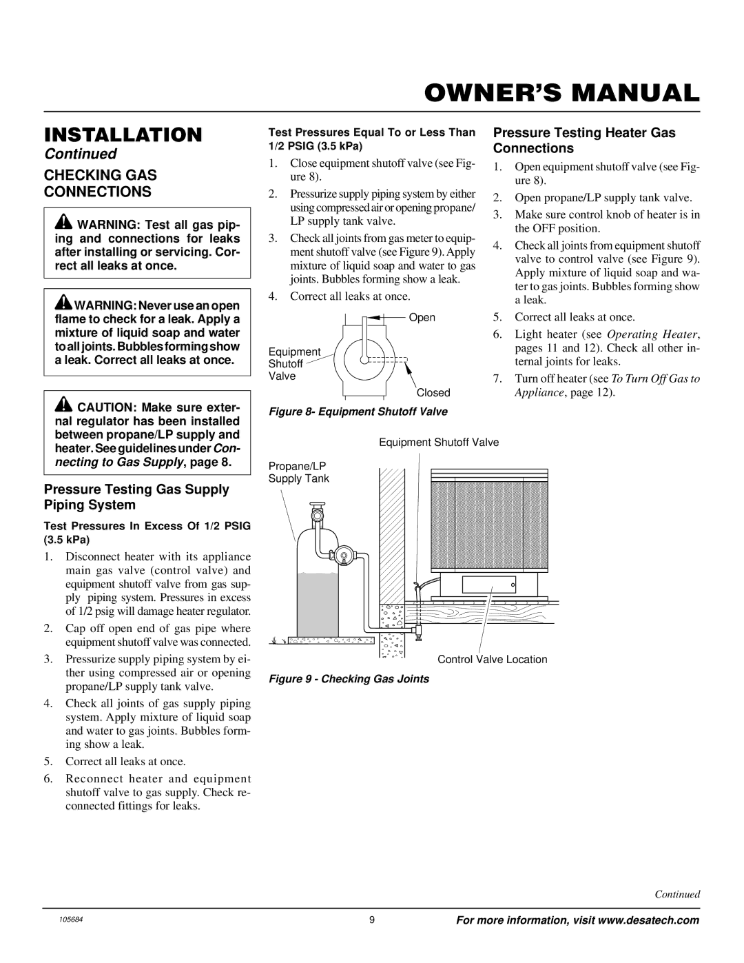 Desa Tech S26PT installation manual Checking GAS Connections, Pressure Testing Heater Gas Connections 