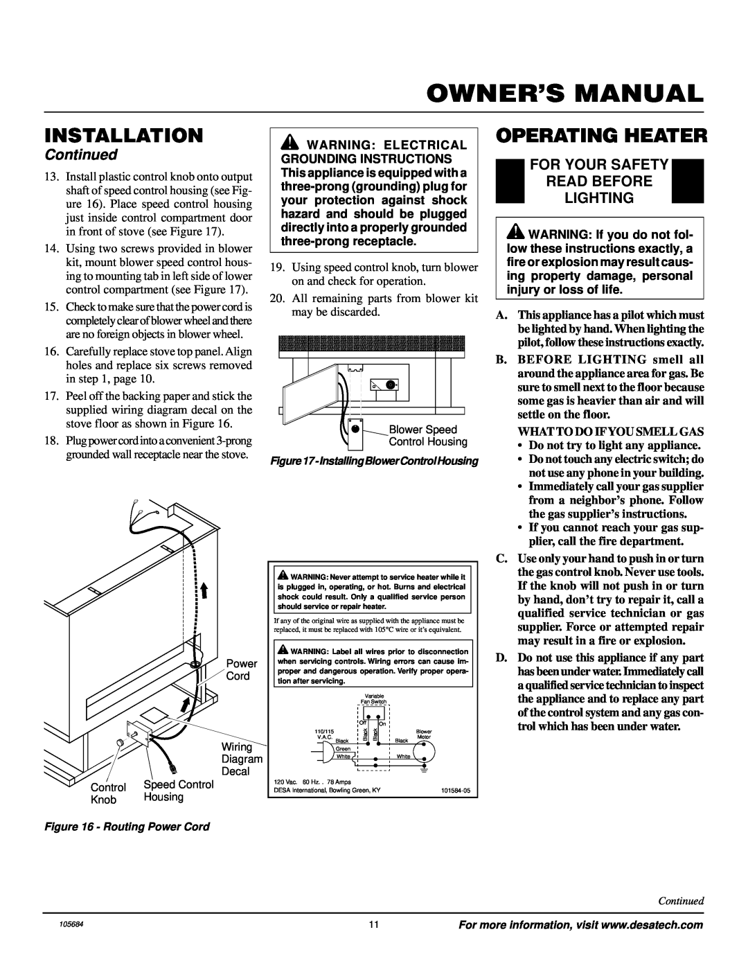 Desa Tech S26PT installation manual Operating Heater, For Your Safety Read Before Lighting, Installation, Continued 