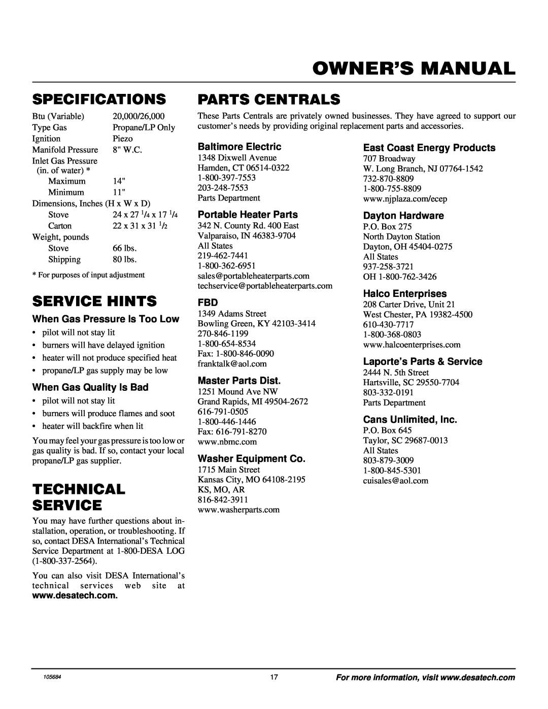 Desa Tech S26PT installation manual Specifications, Parts Centrals, Service Hints, Technical Service 