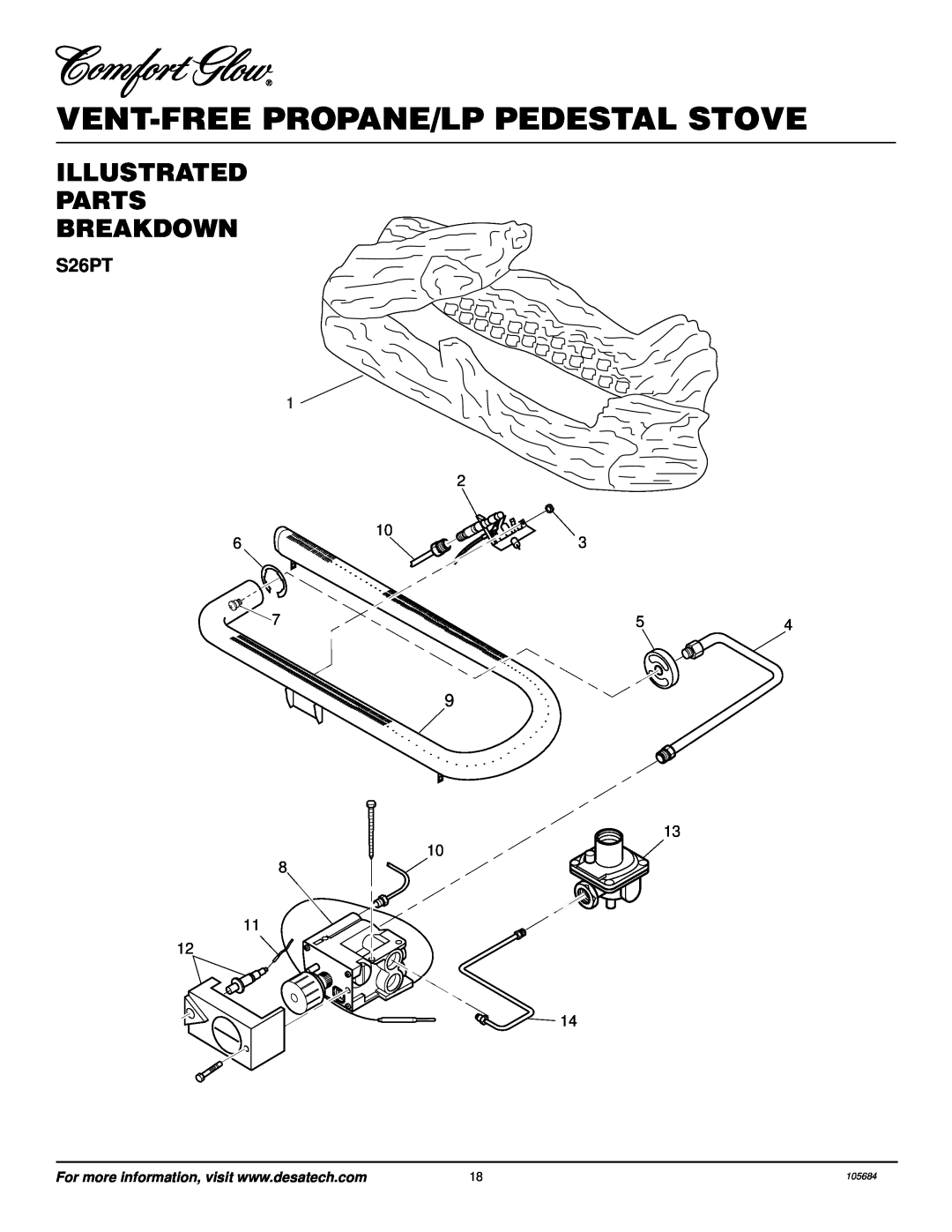 Desa Tech S26PT installation manual Illustrated Parts Breakdown, Vent-Free Propane/Lp Pedestal Stove, 105684 
