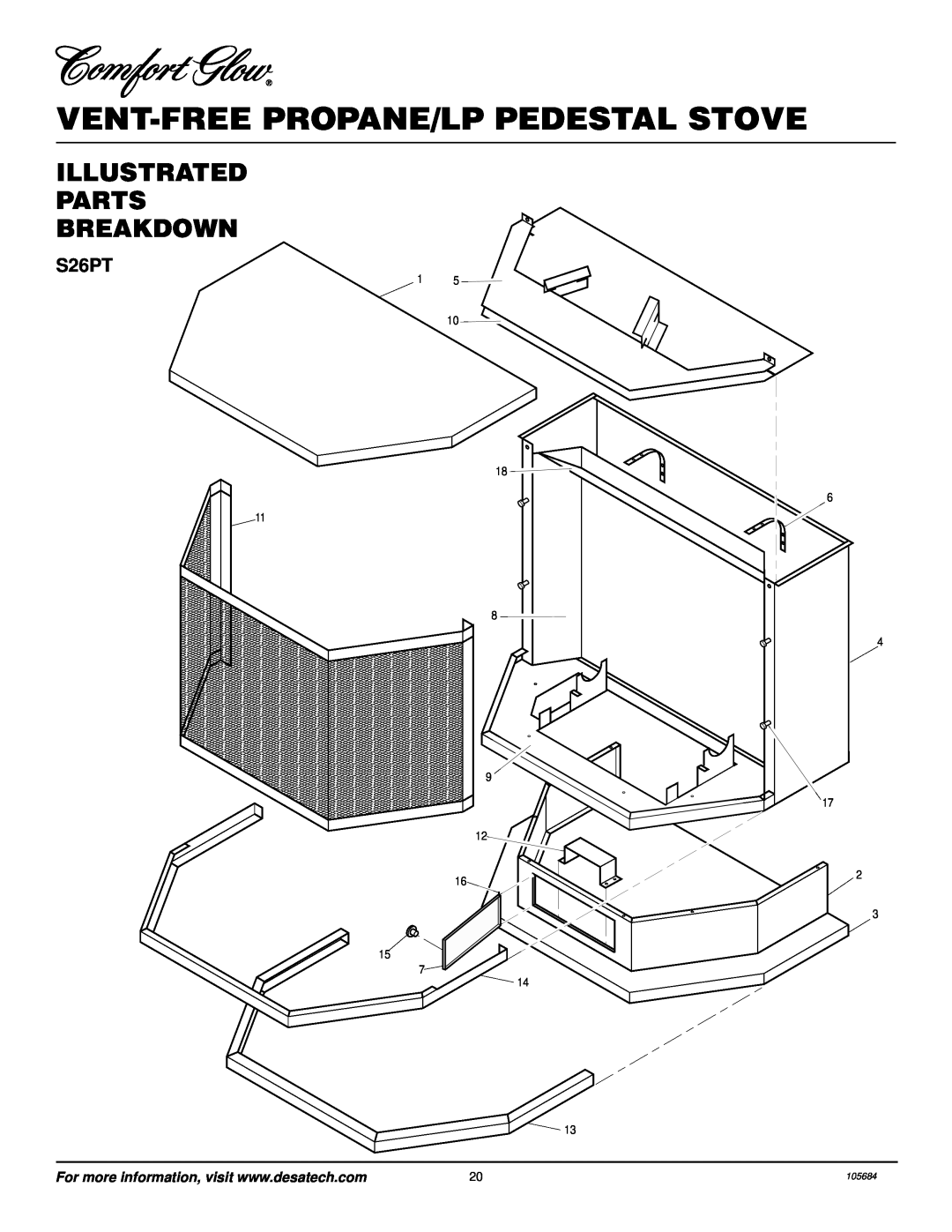 Desa Tech S26PT installation manual Vent-Free Propane/Lp Pedestal Stove, Illustrated Parts Breakdown, 105684 