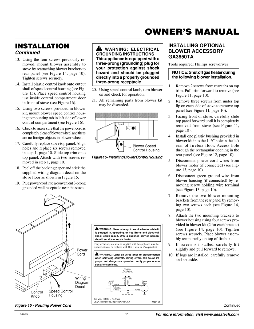 Desa Tech S39NT installation manual Installing Optional Blower Accessory GA3650TA, Vided in blower kit 2 for each bracket 