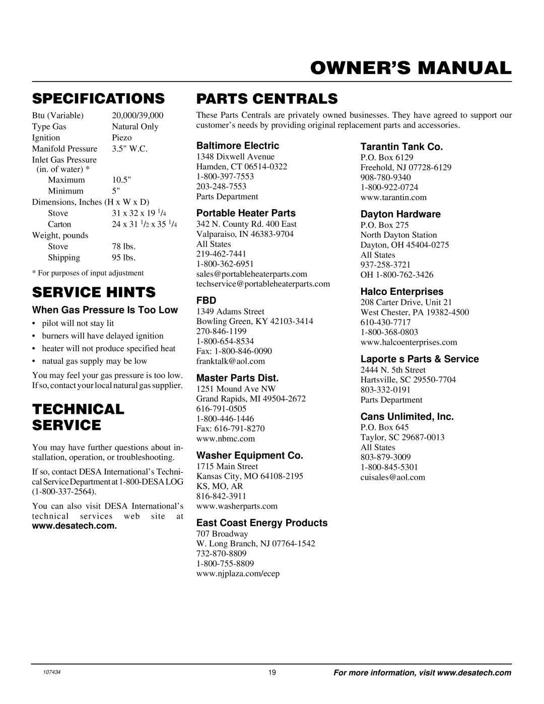 Desa Tech S39NT installation manual Specifications, Parts Centrals, Service Hints, Technical Service 