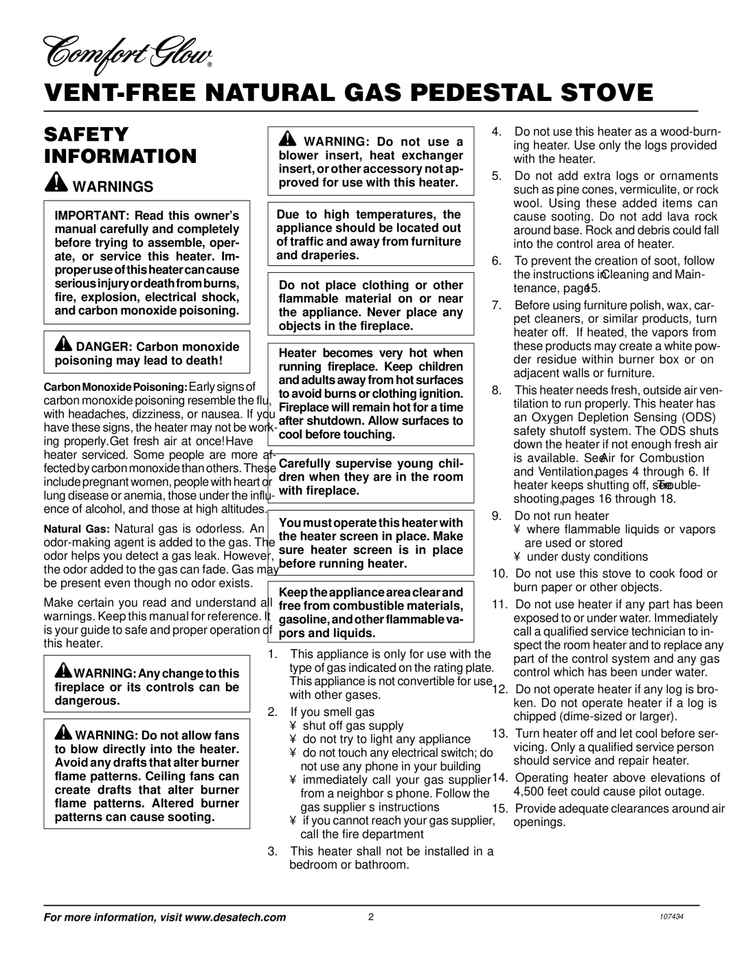 Desa Tech S39NT installation manual VENT-FREE Natural GAS Pedestal Stove, Safety Information 