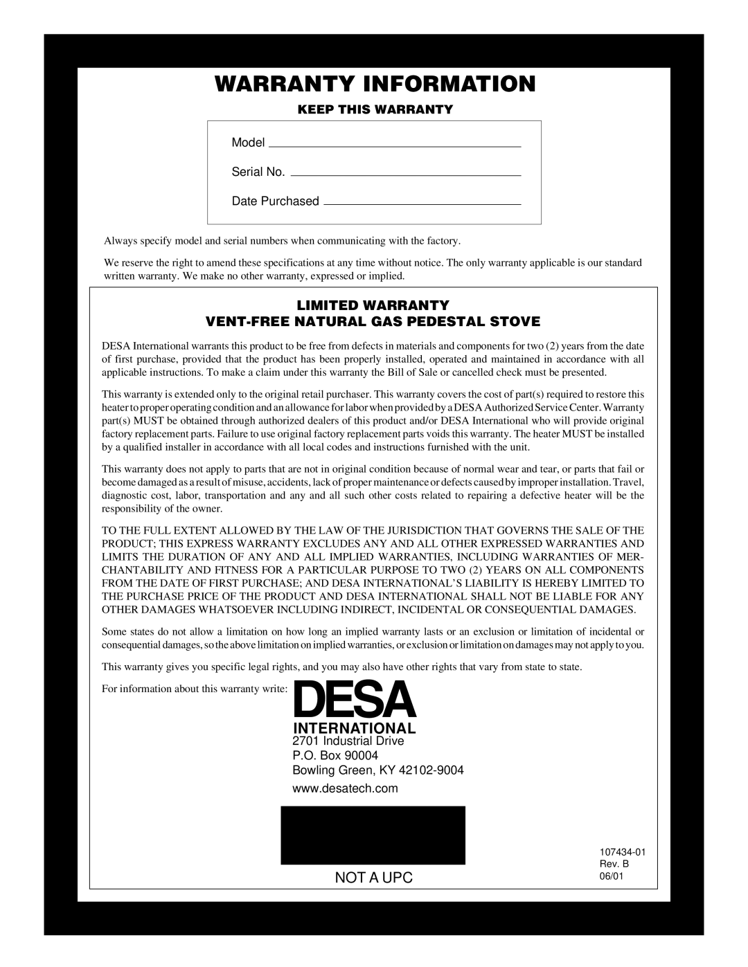 Desa Tech S39NT installation manual Warranty Information, International 