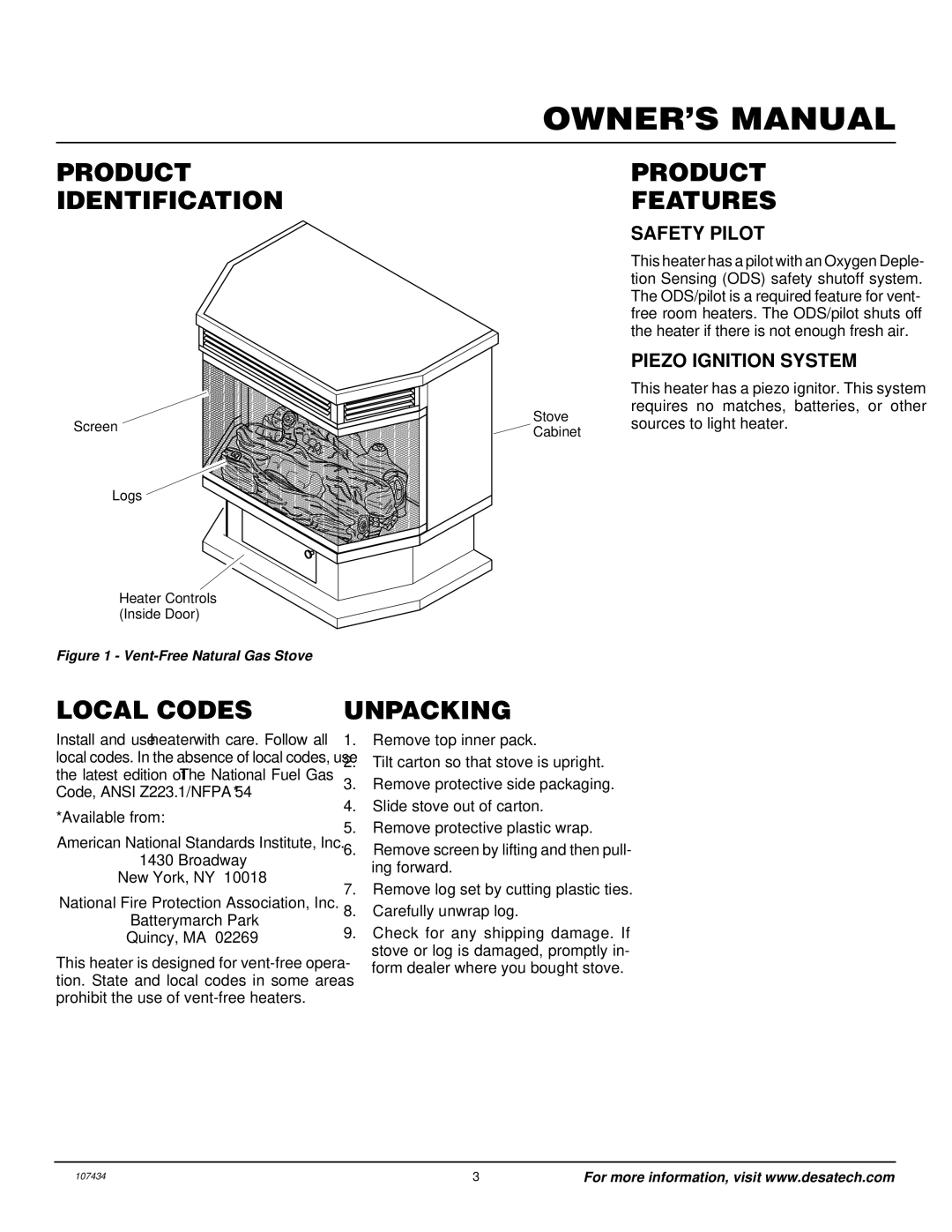 Desa Tech S39NT Product Identification Features, Local Codes, Unpacking, Safety Pilot, Piezo Ignition System 