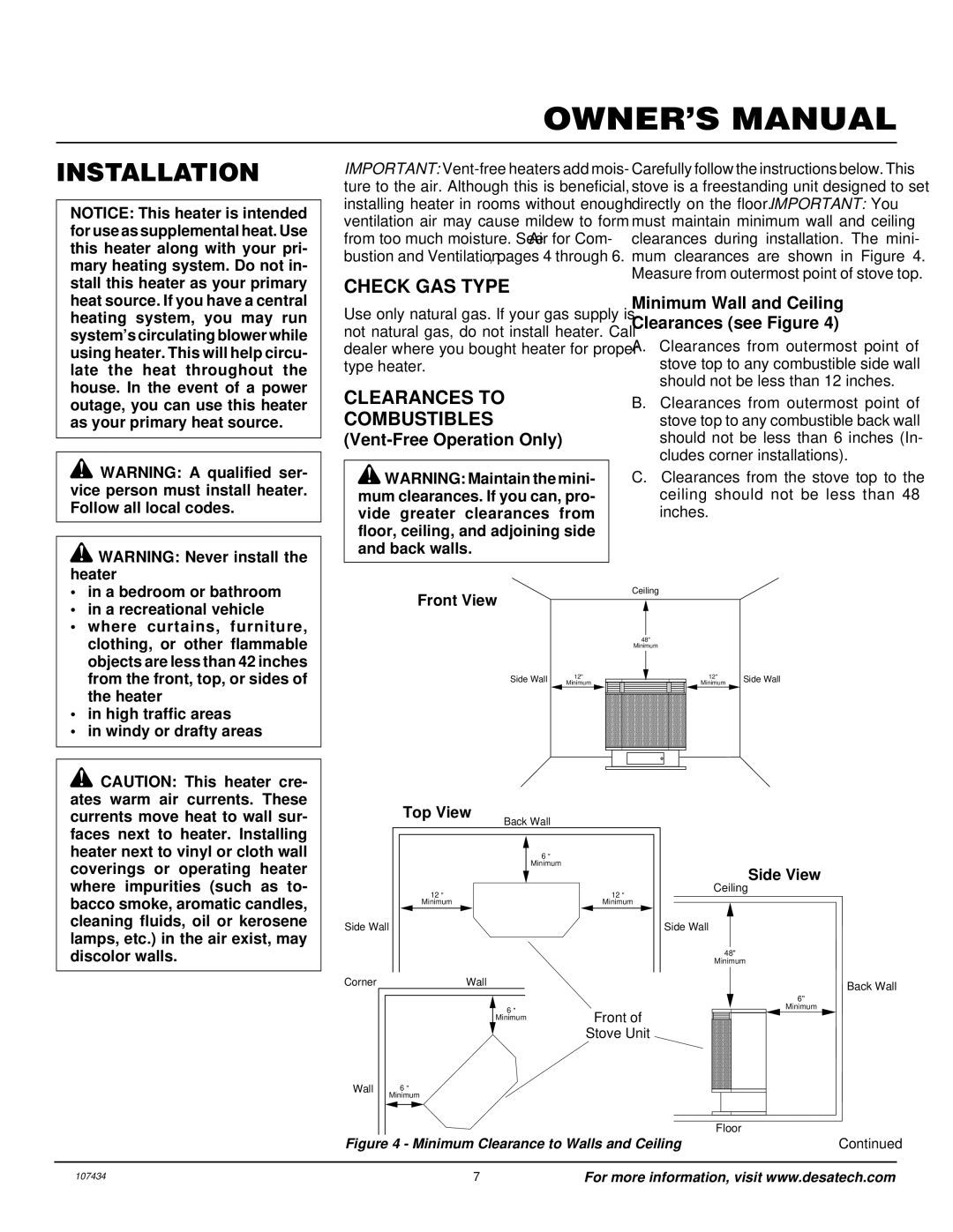 Desa Tech S39NT Installation, Check GAS Type, Clearances to Combustibles, Minimum Wall and Ceiling Clearances see Figure 